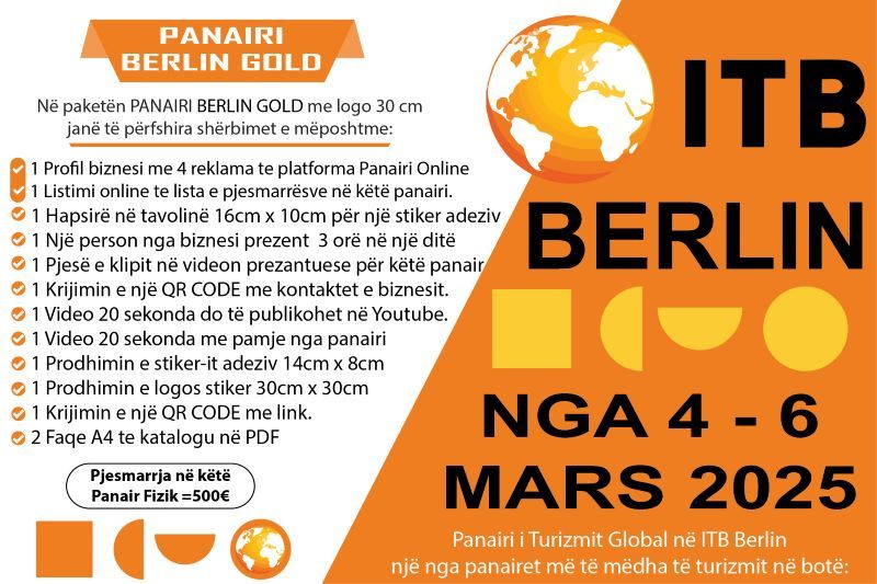 Paketa PANAIRI ITB BERLIN GOLD me logon e biznesit 30cm, te baneri në stenden Panairi Online, Paketa per bizneset qe duan te marrin pjese ne panairin iternacional te trurizmit ne berlin me 4, 5, dhe 6 mars 2025